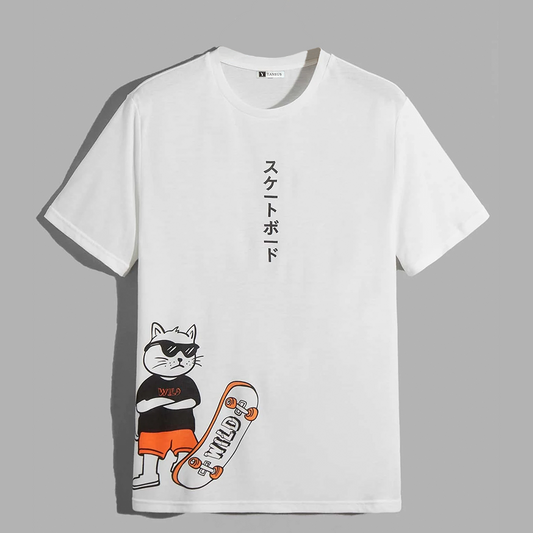 Polo Blanco Hombre Yansus Camiseta Estampado Gato Letra Japones